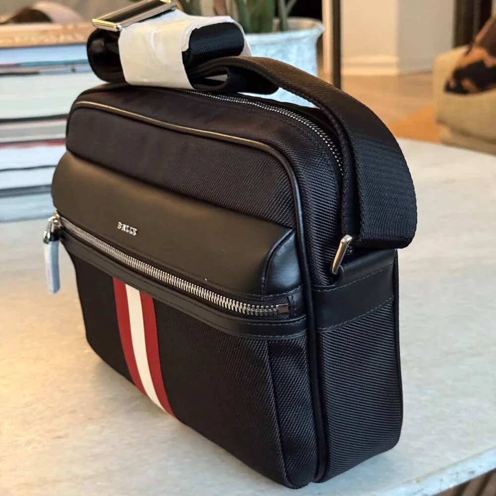 Bally Black Canvas Men's/Unisex Crossbody With Signature Bally Stripe, NWT